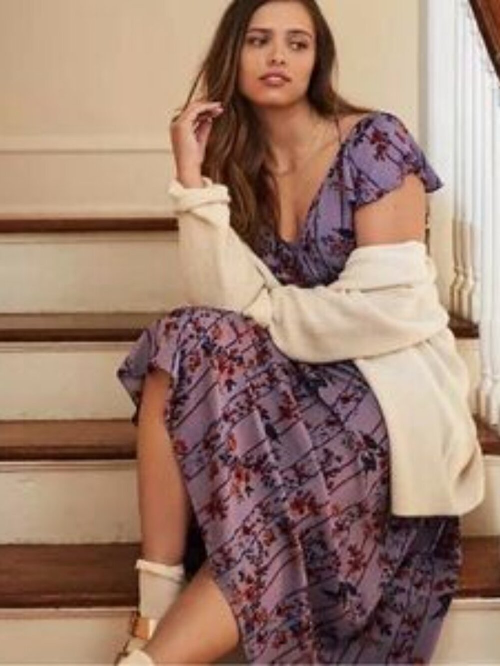 ANTHROPOLOGIE Flutter Sleeved Midi Cross Back Lilac Floral Print Dress, Petite M